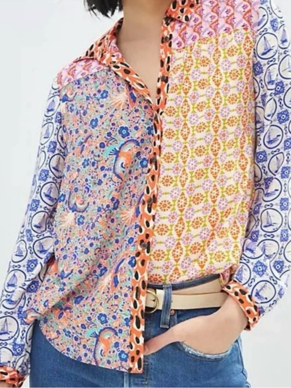 Maeve Anthropologie Contrast Button-down Blouse Top Patchwork Size M